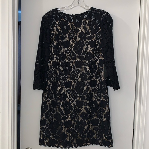 NWT Vince Camuto Black Lace Dress with Nude Underlay. 3/4 sleeve. Fully lined. - Picture 2 of 13